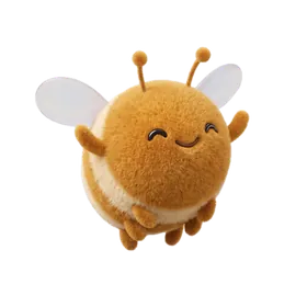 The Beeside plush bee cheering with both arms in the air.