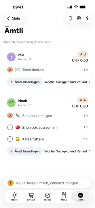 Ämtli für die Kinder: Sterne und Sackgeld pro Kind, abgehakt im Kinder-Modus oder auf dem eigenen Gerät.