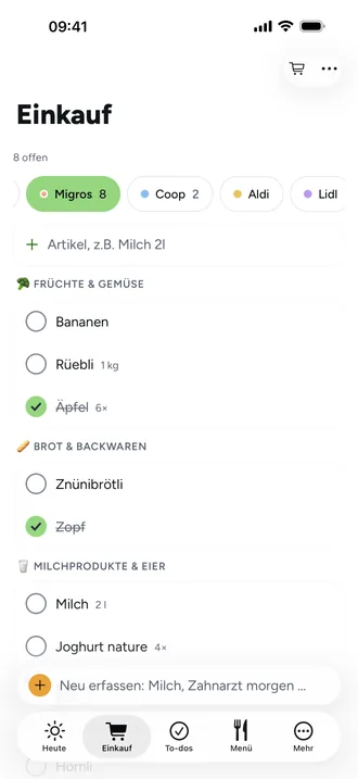 Einkauf nach Laufweg: Die Liste sortiert sich so, wie ihr durch euren Laden geht. Abgehaktes rutscht nach unten.