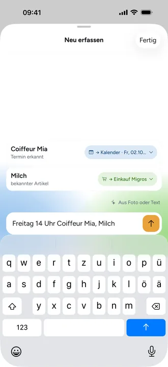Ein Feld für alles: Termin, Einkauf oder To-do: Beeside erkennt es beim Tippen und zeigt, wohin es geht.