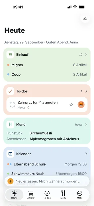 Die Startseite von Beeside: Einkauf, To-dos, Menü und Kalender der Familie auf einen Blick.