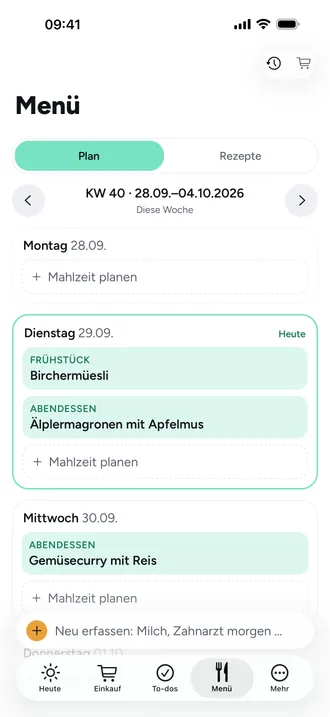 Menü mit Rezepten: Die Woche planen, Rezepte über einen Link holen, Zutaten auf die Liste.