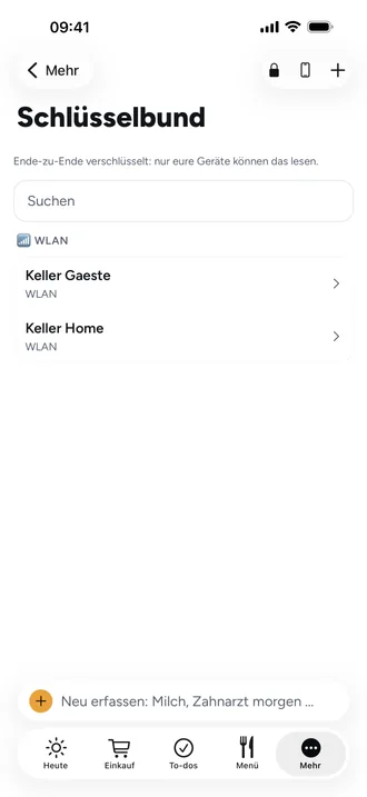 Schlüsselbund: WLAN, Codes und Konten der Familie, Ende-zu-Ende verschlüsselt, nur mit Face ID.
