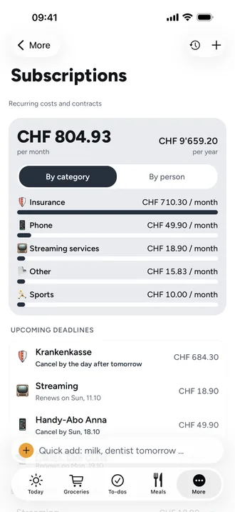 Subscriptions with deadlines: What you pay every month, and when you have to cancel. No bank access.
