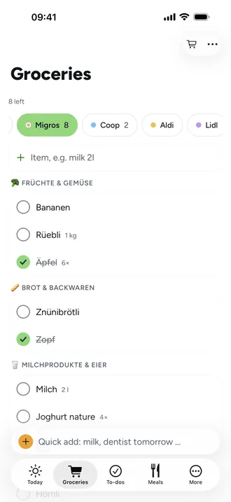 Groceries by store route: The list sorts itself the way you walk through your store. Checked items move down.