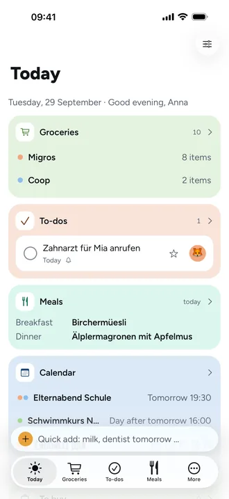 The Beeside start page: the family's groceries, to-dos, meals and calendar at a glance.
