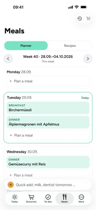 Meals with recipes: Plan the week, bring in recipes by link, put ingredients on the list.