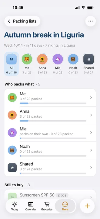 Packing lists for trips: For each person and shared, from templates. Anything still missing goes on the grocery list.