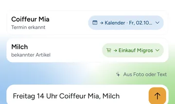Die Schnellerfassung: aus «Freitag 14 Uhr Coiffeur Mia, Milch» werden ein Termin im Kalender und ein Artikel im Einkauf.