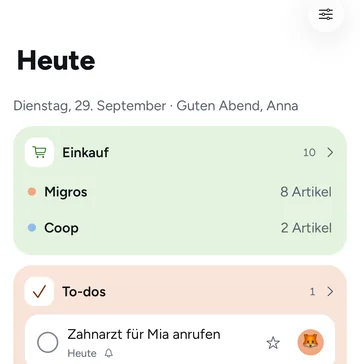 Die Startseite von Beeside mit Einkauf pro Laden und dem To-do des Tages.