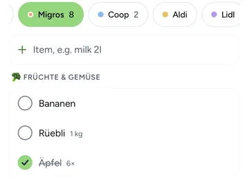 The Beeside shopping list: stores as tabs, items sorted by aisle, apples already checked off.
