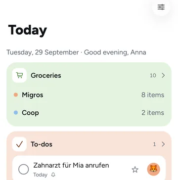 The Beeside start page with groceries per store and today's to-do.